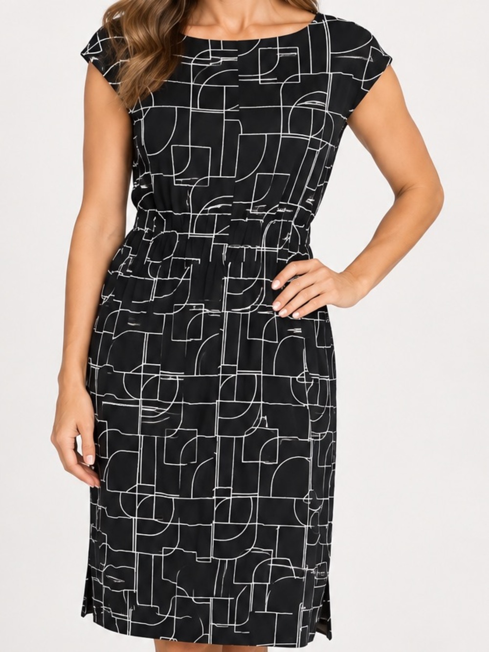 Jones New York Black White Geometric Print Stretch Dress Size 8